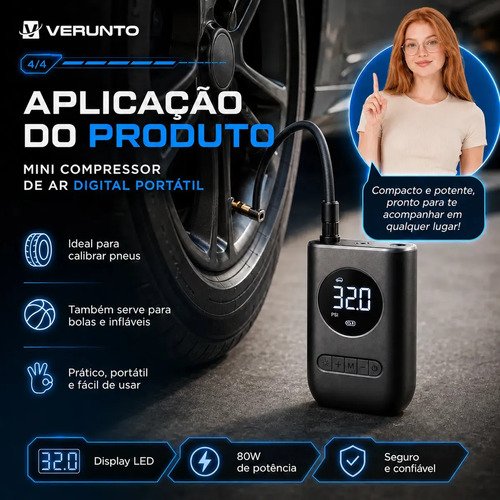 Bomba De Ar De Mão Pneu Car Air Pump Sem Fio 150 Psi Luz De Emergência Led Com Bateria Recarregável De 4000 Mah Verunto