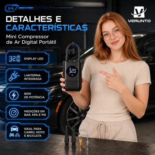 Bomba De Ar De Mão Pneu Car Air Pump Sem Fio 150 Psi Luz De Emergência Led Com Bateria Recarregável De 4000 Mah Verunto