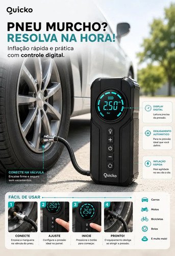 Bomba De Ar Elétrica Portátil Compressor Calibrador De Pneus Digital Para Carro Moto Bicicleta Inflador Recarregável Auxiliar De Partida Bateria Power Bank Celular Emergência Automotiva Quicko