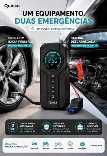 Bomba De Ar Elétrica Portátil Compressor Calibrador De Pneus Digital Para Carro Moto Bicicleta Inflador Recarregável Auxiliar De Partida Bateria Power Bank Celular Emergência Automotiva Quicko