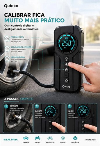Bomba De Ar Elétrica Portátil Compressor Calibrador De Pneus Digital Para Carro Moto Bicicleta Inflador Recarregável Auxiliar De Partida Bateria Power Bank Celular Emergência Automotiva Quicko