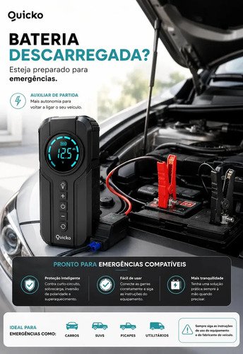 Bomba De Ar Elétrica Portátil Compressor Calibrador De Pneus Digital Para Carro Moto Bicicleta Inflador Recarregável Auxiliar De Partida Bateria Power Bank Celular Emergência Automotiva Quicko