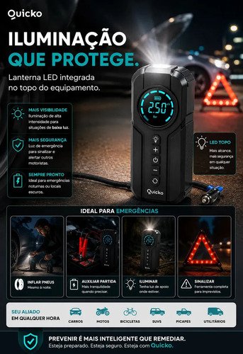 Bomba De Ar Elétrica Portátil Compressor Calibrador De Pneus Digital Para Carro Moto Bicicleta Inflador Recarregável Auxiliar De Partida Bateria Power Bank Celular Emergência Automotiva Quicko
