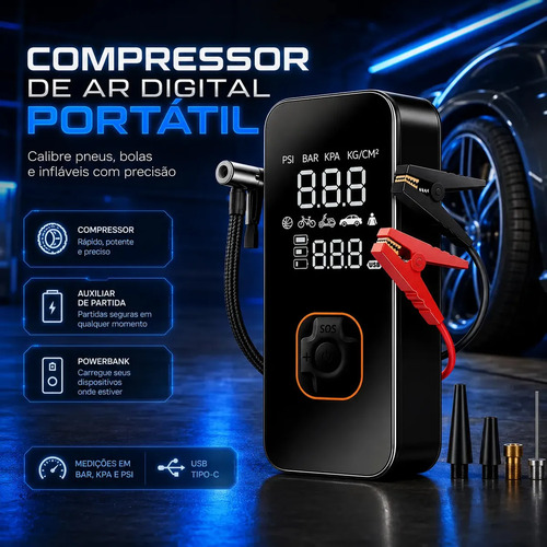 Bomba eletrica portatil digital para encher pneu de carro mo