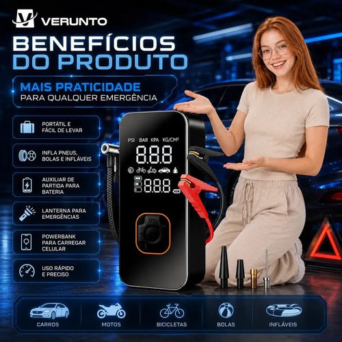 Bomba Elétrica Portátil Digital Para Encher Pneu De Carro Moto Bicicleta Inflador Automotivo Cor Preto