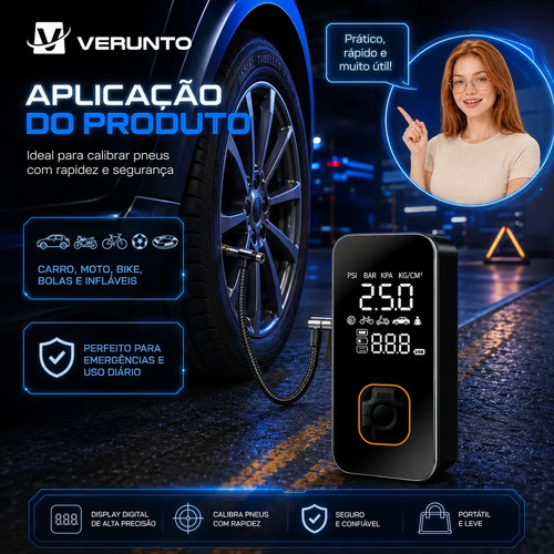 Bomba Elétrica Portátil Digital Para Encher Pneu De Carro Moto Bicicleta Inflador Automotivo Cor Preto