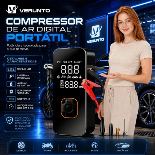 Bomba Elétrica Portátil Digital Para Encher Pneu De Carro Moto Bicicleta Inflador Automotivo Cor Preto