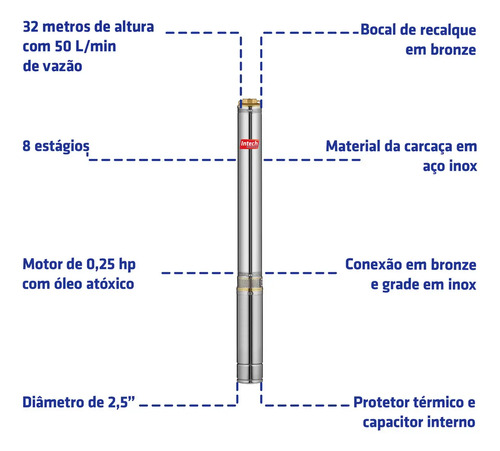 Bomba Submersa Caneta Intech Machine BSCA2 1/4 HP, para Poço Artesiano e Cisterna, de Água Limpa em Aço Inox com 2,5"