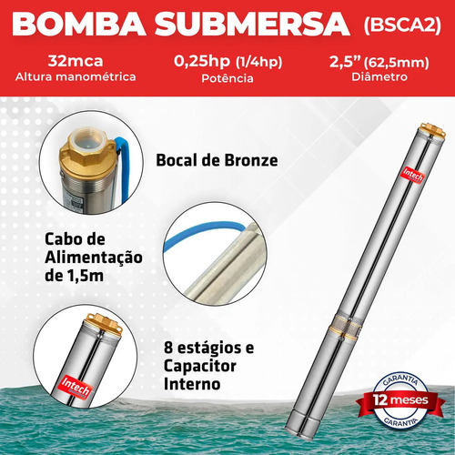 Bomba Submersa Caneta Intech Machine BSCA2 1/4 HP, para Poço Artesiano e Cisterna, de Água Limpa em Aço Inox com 2,5"