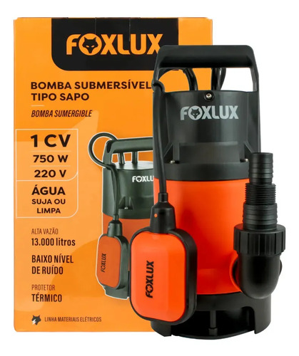 Bomba Submersível Foxlux 1CV 750W 220V Água Limpa e Suja 13000L/h