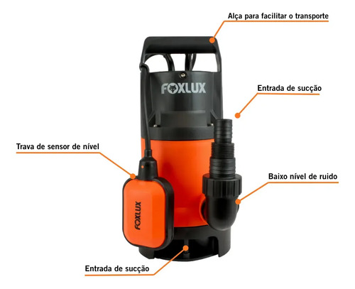 Bomba Submersível Foxlux 1CV 750W 220V Água Limpa e Suja 13000L/h