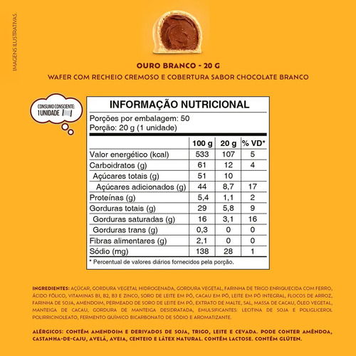 Bombom Wafer Recheado Ouro Branco Sabor Chocolate Branco 1Kg