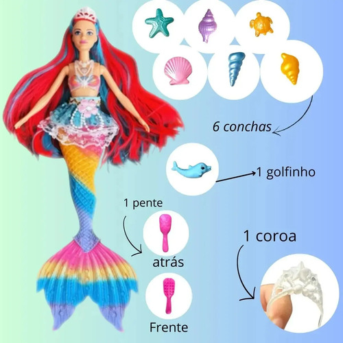 Boneca Sereia Musical Com Luzes Acessórios Colorida