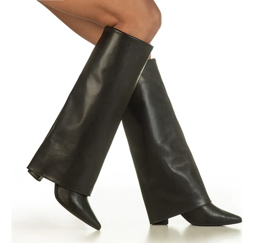 Bota capa feminina cano longo salto alto bloco bico fino 1
