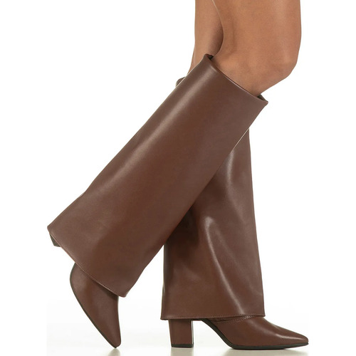 Bota capa feminina cano longo salto alto bloco bico fino 1