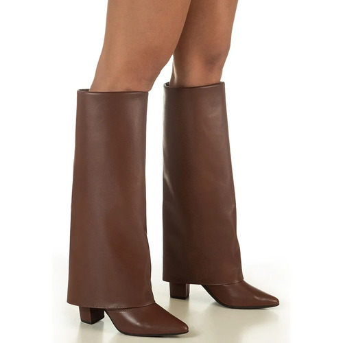 Bota Capa Feminina Cano Longo Salto Alto Bloco Bico Fino
