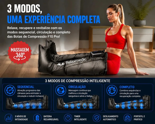 Bota De Compressão Pneumática F10 Pro Sem Fio Relaxmedic Cor Preto G