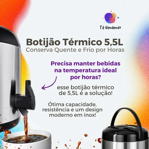 Botijão Térmico 5,5l Inox Garrafão Conserva Quente E Frio