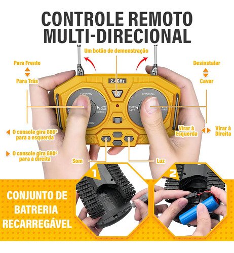 Brastoy Escavadeira De Controle Remoto Cor Amarelo Personagem Realista Escala 1:20
