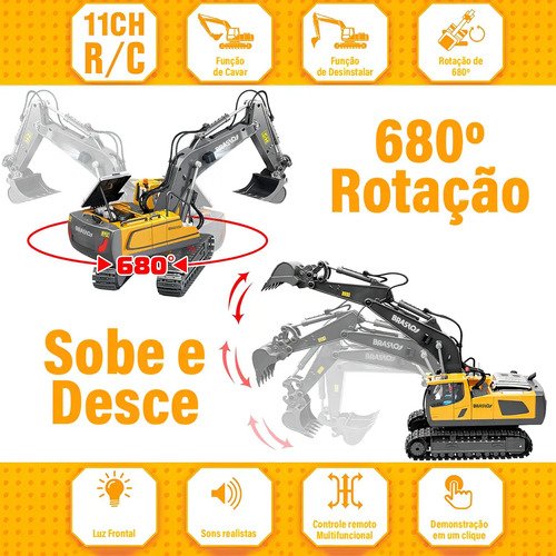 Brastoy Escavadeira De Controle Remoto Cor Amarelo Personagem Realista Escala 1:20