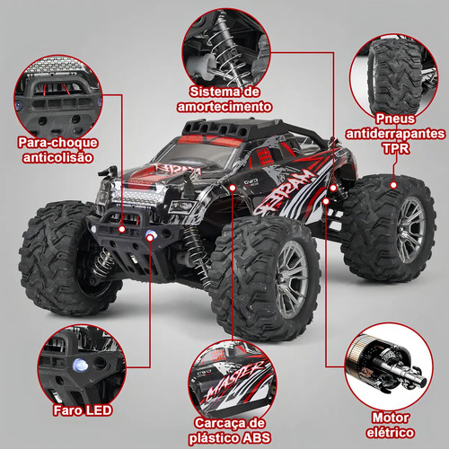 Brincamundo Carro Carrinho Controle Remoto 42km/h, Alta Velocidade, 4x4, Off-road Carro Brinquedo, Para Adultos, Com 2 Recarregável Baterias À Prova D'água, Escala 1/16, Vermelho