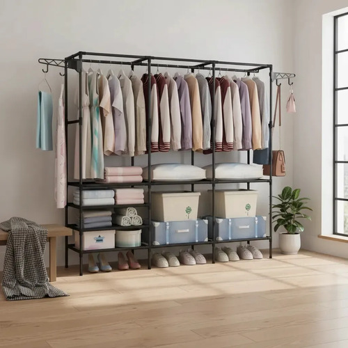 Cabideiro Arara Closet Roupas Sapateira Triplo Cor Preto