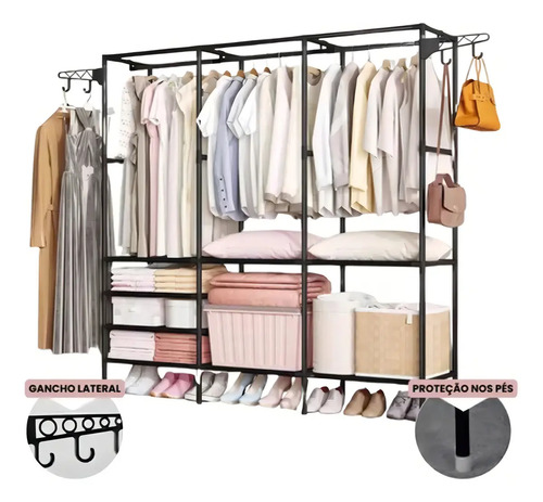 Cabideiro Arara Closet Roupas Sapateira Triplo Cor Preto