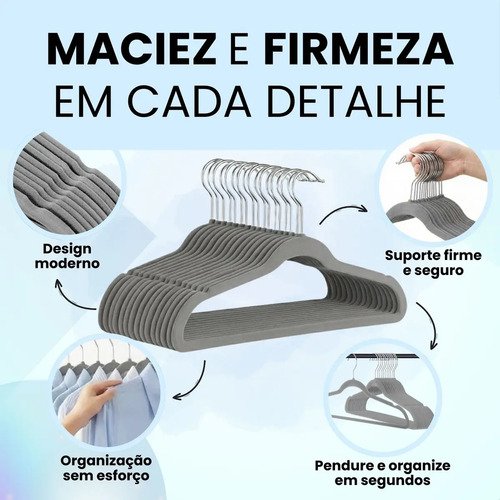 Cabides De Veludo Adulto Fino Antideslizante Roupas 30 Peças Cor Cinza