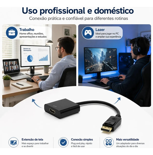Cabo Adaptador Displayport Macho Para Hdmi Femea Plug & Play Com Pc Gamer Home Office Monitor Tv Projetor Compatível Com Placas De Vídeo Nvidea Eletric Teck