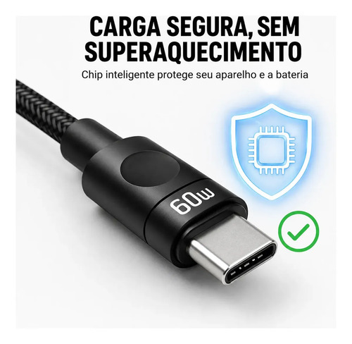 Cabo Carregador Usb-c Tipo C Turbo 60w Carga Rápida Nylon Trançado Premium 1 Metro Reforçado Resistente Compatível Samsung Xiaomi Motorola iPhone 15 16 Notebook Tablet Transferência Dados Eletric Teck