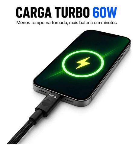 Cabo Carregador Usb-c Tipo C Turbo 60w Carga Rápida Nylon Trançado Premium 1 Metro Reforçado Resistente Compatível Samsung Xiaomi Motorola iPhone 15 16 Notebook Tablet Transferência Dados Eletric Teck