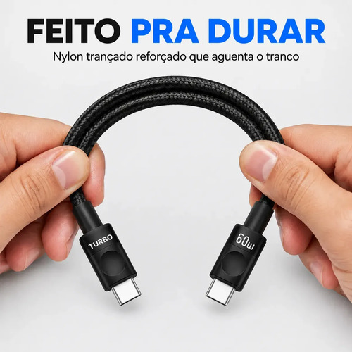 Cabo Carregador Usb-c Tipo C Turbo 60w Carga Rápida Nylon Trançado Premium 1 Metro Reforçado Resistente Compatível Samsung Xiaomi Motorola iPhone 15 16 Notebook Tablet Transferência Dados Eletric Teck