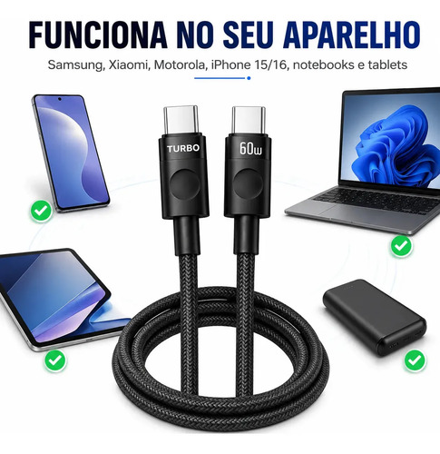 Cabo Carregador Usb-c Tipo C Turbo 60w Carga Rápida Nylon Trançado Premium 1 Metro Reforçado Resistente Compatível Samsung Xiaomi Motorola iPhone 15 16 Notebook Tablet Transferência Dados Eletric Teck
