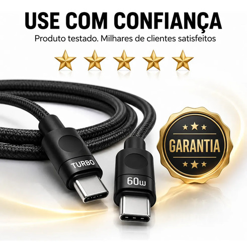 Cabo Carregador Usb-c Tipo C Turbo 60w Carga Rápida Nylon Trançado Premium 1 Metro Reforçado Resistente Compatível Samsung Xiaomi Motorola iPhone 15 16 Notebook Tablet Transferência Dados Eletric Teck