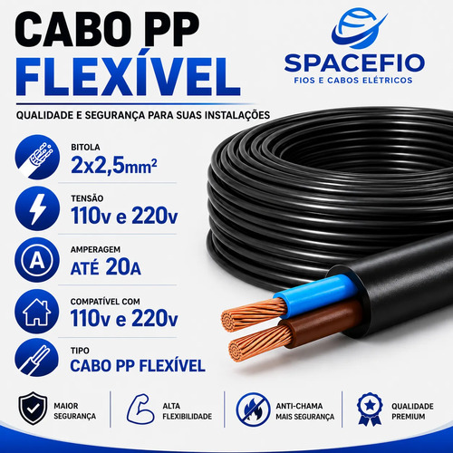 Cabo Pp 2x2 5mm Rolo 100 Metros Dois E Meio