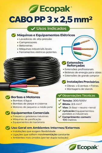 Cabo Pp Flexível 3 Vias 3x2,5mm 100m Preto Pvc 500v Estensao