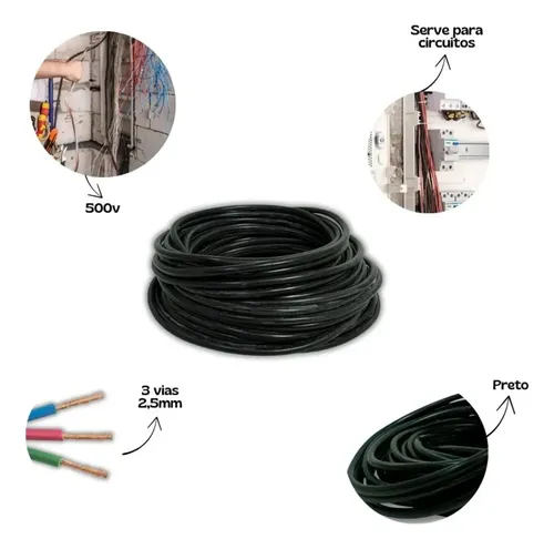 Cabo Pp Flexível 3 Vias 3x2,5mm 100m Preto Pvc 500v Estensao