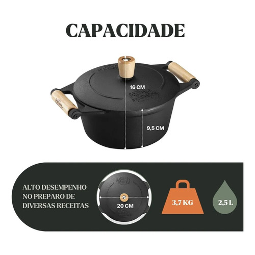 Caçarola Tradição Ferro 20x16 Cm 2,5 L Tampa Panela Mineira Preto