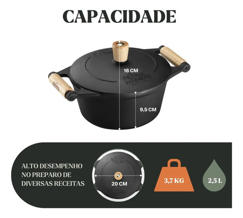 Caçarola Tradição Ferro 20x16 Cm 2,5 L Tampa Panela Mineira Preto
