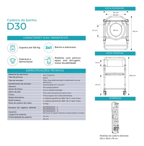 Cadeira De Banho Dobrável Higienica Com Rodas Dellamed D30