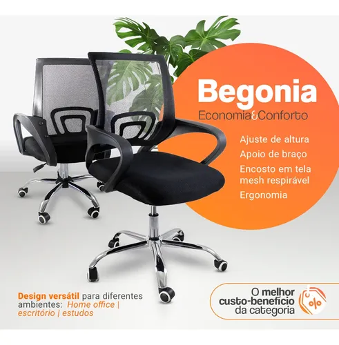 Cadeira De Escritorio Begonia Tela Mesh Ergonomica Giratoria