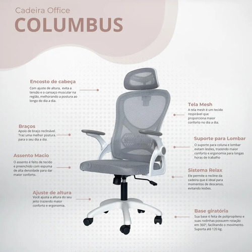 Cadeira De Escritório Columbus Presidente Ergonomica Cinza Mesh