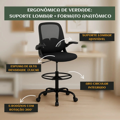Cadeira De Escritório Ergonômica Caixa Alta Executiva Banqueta Secretaria Consultório Braços Dobráveis Anel De Apoio Para Pés Ajustável Bq01 Suporte Lombar Dentista Cor preta luvinco