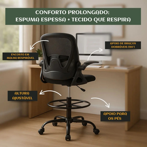Cadeira De Escritório Ergonômica Caixa Alta Executiva Banqueta Secretaria Consultório Braços Dobráveis Anel De Apoio Para Pés Ajustável Bq01 Suporte Lombar Dentista Cor preta luvinco