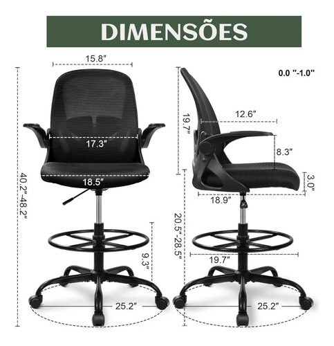 Cadeira De Escritório Ergonômica Caixa Alta Executiva Banqueta Secretaria Consultório Braços Dobráveis Anel De Apoio Para Pés Ajustável Bq01 Suporte Lombar Dentista Cor preta luvinco