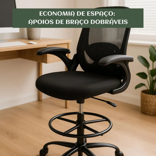 Cadeira De Escritório Ergonômica Caixa Alta Executiva Banqueta Secretaria Consultório Braços Dobráveis Anel De Apoio Para Pés Ajustável Bq01 Suporte Lombar Dentista Cor preta luvinco