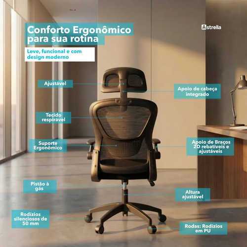 Cadeira de Escritório Ergonômica Giratória Astrella Nuova Mesh Ajustável Confortável Rodinhas Ideal Home Office