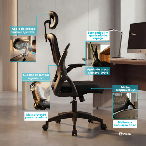 Cadeira de Escritório Ergonômica Giratória Astrella Nuova Mesh Ajustável Confortável Rodinhas Ideal Home Office