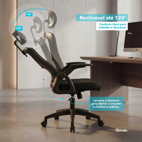 Cadeira de Escritório Ergonômica Giratória Astrella Nuova Mesh Ajustável Confortável Rodinhas Ideal Home Office