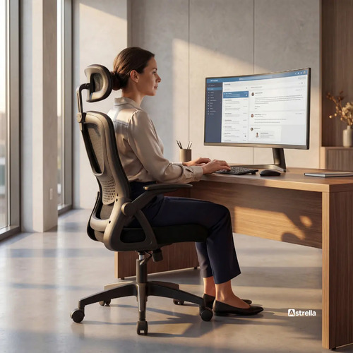 Cadeira de Escritório Ergonômica Giratória Astrella Nuova Mesh Ajustável Confortável Rodinhas Ideal Home Office